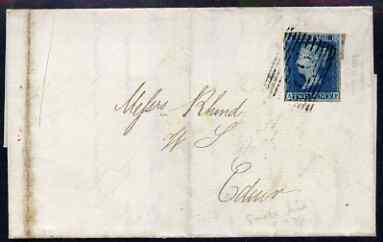 GB Great Britain 1847 entire Cupar to Edinburgh bearing 2d blue plate 3 4-margin with superb Cubar - Fife town stamp on back in YELLOW