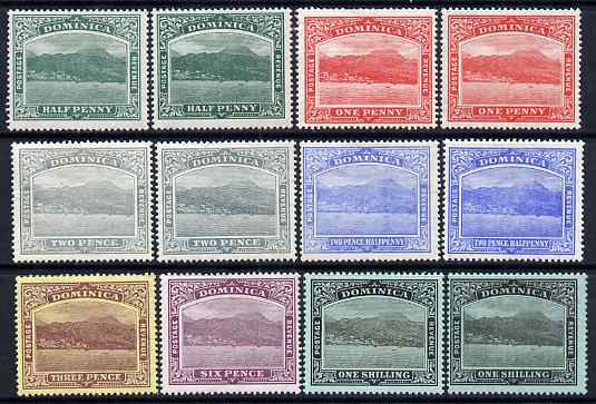Dominica 1908-21 Roseau MCA set to 1s incl shades of 1/2d, 1d, 2d & 2.5d plus 1s ord paper (12 values) mounted mint, SG 47-53a