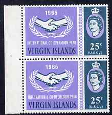 British Virgin islands 1965 International Co-operation Year 25c marginal pair, one stamp with 'Broken Y of Year' variety, unmounted mint