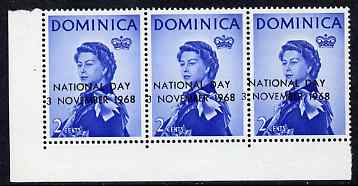 Dominica 1968 National Day opt on 2c blue strip of 3 with opt misplaced unmounted mint