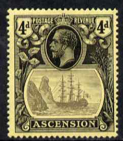 Ascension 1924-33 KG5 Badge 4d grey-black & black on yellow single with variety 'Bottom vignette frame line broken twice' (stamp 24) mtd mint SG 15var
