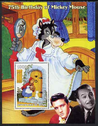 Benin 2002 75th Birthday of Mickey Mouse - Little Red Riding Hood #01 (also shows Elvis & Walt Disney) perf m/sheet unmounted mint