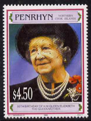 Cook Islands - Penrhyn 1995 Queen Mother's 95th Birthday $4.50 unmounted mint SG 515
