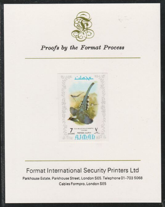 Ajman 1971 Exotic Birds - Blue Magpie 7Dh imperf mounted on Format International proof card as Mi 883B