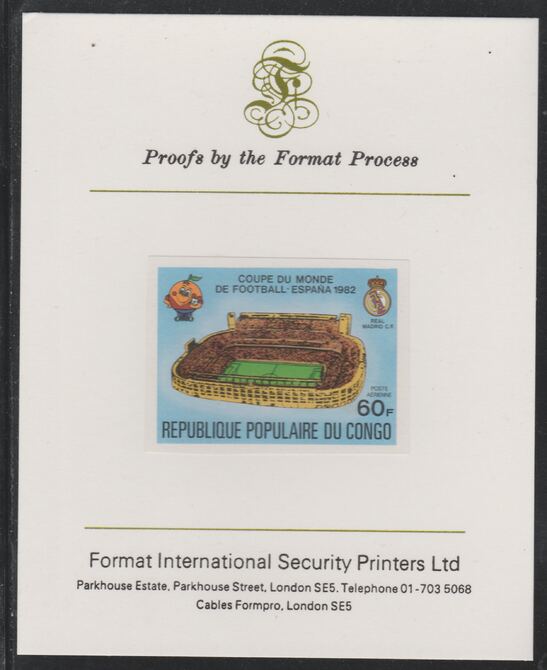 Congo 1980 World Cup Football 60f (Real Madrid Stadium) imperf proof mounted on Format International proof card as SG 726