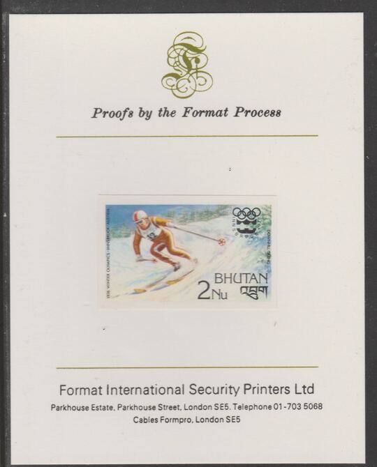 Bhutan 1976 Innsbruck Winter Olympics 2n (Downhill Skiing) imperf proof mounted on Format International proof card, as SG 342