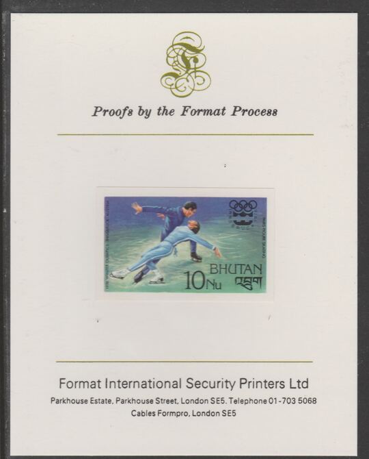 Bhutan 1976 Innsbruck Winter Olympics 10n (Pairs Figure Skating) imperf proof mounted on Format International proof card, as SG 344
