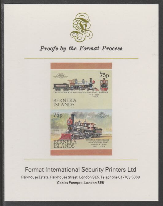 Bernera 1983 Locomotives #2 (Chicago, Rock Island & Pacific Railroad) 75p se-tenant imperf proof pair mounted on Format International proof card