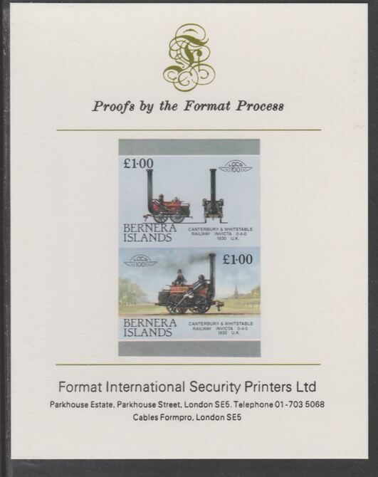 Bernera 1983 Locomotives #2 (Canterbury & Whitstable Rly) £1 se-tenant imperf proof pair mounted on Format International proof card