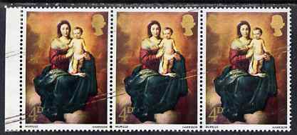 GB Great Britain 1967 Christmas 4d (Murillo) marginal strip of 3 with diagonal scratches affecting all 3 stamps, unmounted mint and most unusual, SG 757var