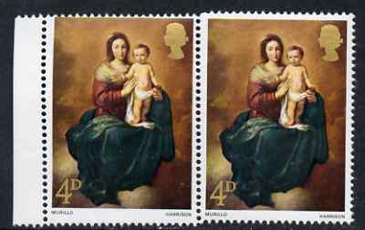 GB Great Britain 1967 Christmas 4d (Murillo) horizontal marginal pair with misplaced perf comb affecting left-hand stamp unmounted mint, SG 757var