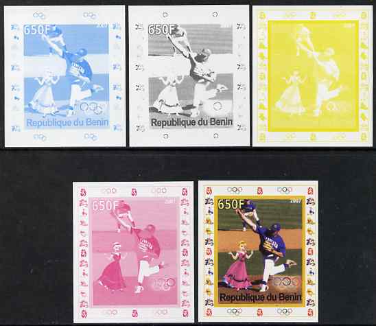 Benin 2007 Baseball #04 deluxe sheet with Olympic Rings & Disney Character, the set of 5 imperf progressive proofs comprising the 4 individual colours plus all 4-colour composite, unmounted mint