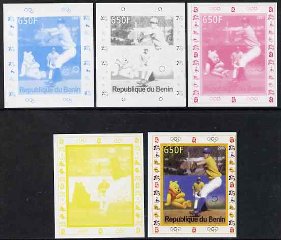 Benin 2007 Baseball #06 deluxe sheet with Olympic Rings & Disney Character, the set of 5 imperf progressive proofs comprising the 4 individual colours plus all 4-colour composite, unmounted mint
