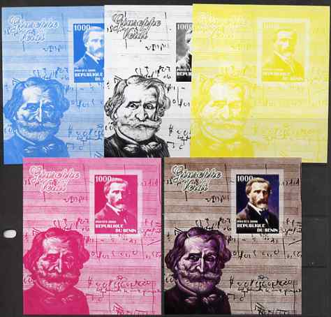 Benin 2006 Giuseppe Verdi #2 m/sheet, the set of 5 imperf progressive proofs comprising the 4 individual colours plus all 4-colour composite, unmounted mint