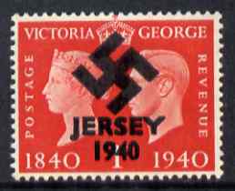 Jersey 1940 Swastika opt on GB Great Britain KG6 Centenary 1d - a copy of the overprint on a genuine stamp with forgery handstamped on the back, unmounted mint on presentation card.,Note this value was not overprinted by the Germa……Details Below
