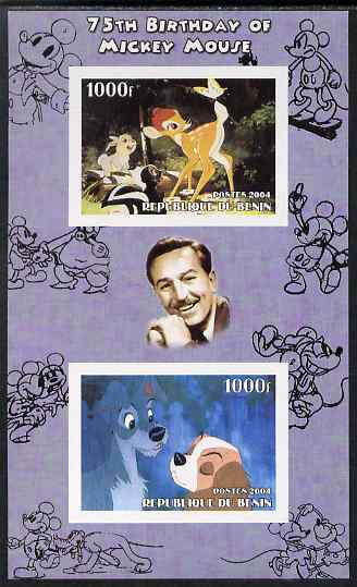 Benin 2004 75th Birthday of Mickey Mouse - Lady & the Tramp imperf sheetlet containing 2 values plus label, unmounted mint