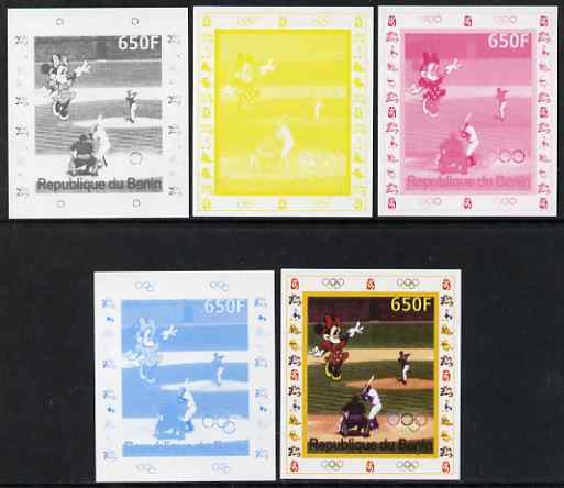 Benin 2007 Baseball #08 deluxe sheet with Olympic Rings & Disney Character, the set of 5 imperf progressive proofs comprising the 4 individual colours plus all 4-colour composite, unmounted mint