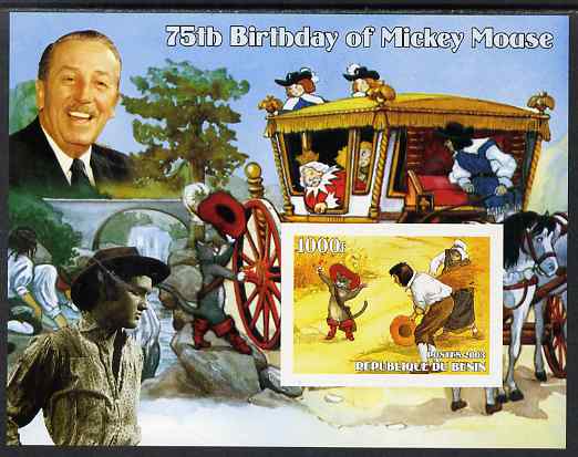 Benin 2003 75th Birthday of Mickey Mouse - Puss in Boots (also shows Elvis & Walt Disney) imperf m/sheet unmounted mint