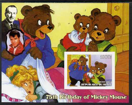 Benin 2003 75th Birthday of Mickey Mouse - Goldilocks & the Three Bears (also shows Elvis & Walt Disney) imperf m/sheet unmounted mint