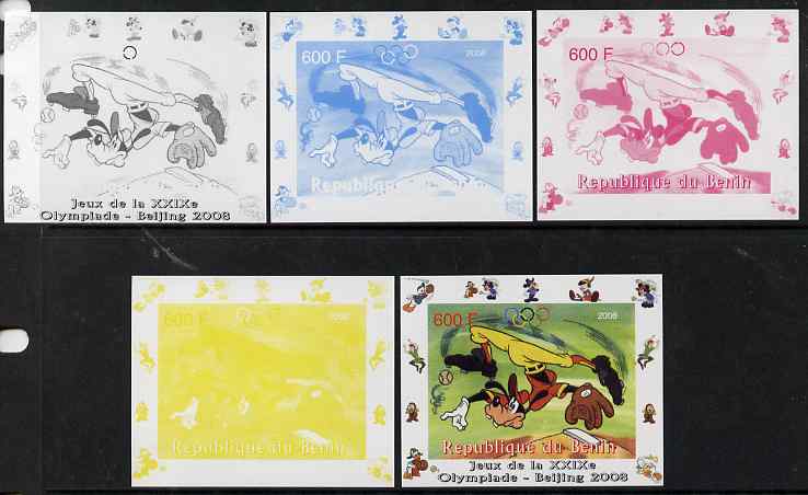 Benin 2008 Disney Characters playing Baseball #04 individual deluxe sheet with Olympic Rings - the set of 5 imperf progressive proofs comprising the 4 individual colours plus all 4-colour composite, unmounted mint