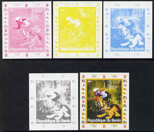 Benin 2007 Cycling #1 - individual deluxe sheet with Olympic Rings & Disney Character - the set of 5 imperf progressive proofs comprising the 4 individual colours plus all 4-colour composite, unmounted mint