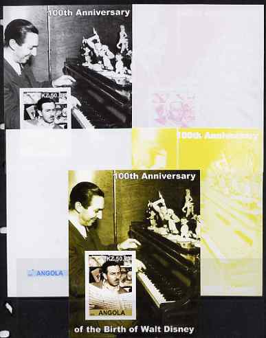 Angola 2002 Birth Centenary of Walt Disney #07 s/sheet - Disney reading sheet music & at the Piano - the set of 5 imperf progressive proofs comprising the 4 individual colours plus all 4-colour composite, unmounted mint