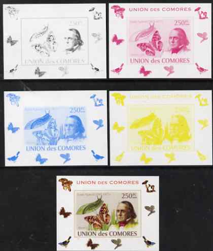 Comoro Islands 2008 Entomologists & Butterflies #3 Louis Agassiz individual deluxe sheet - the set of 5 imperf progressive proofs comprising the 4 individual colours plus all 4-colour composite, unmounted mint