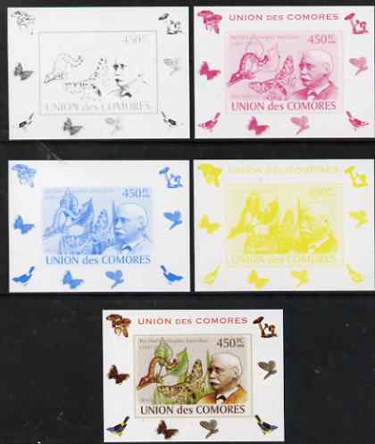 Comoro Islands 2008 Entomologists & Butterflies #6 Per Olaf Christopher Aurivillius individual deluxe sheet - the set of 5 imperf progressive proofs comprising the 4 individual colours plus all 4-colour composite, unmounted mint
