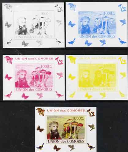 Comoro Islands 2008 Botanists & Fungi #1 - Charles Edwin Bessey individual deluxe sheet - the set of 5 imperf progressive proofs comprising the 4 individual colours plus all 4-colour composite, unmounted mint