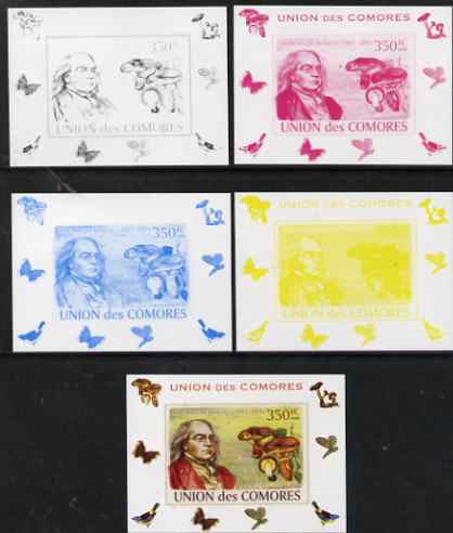 Comoro Islands 2008 Botanists & Fungi #6 Miles Joseph Berkeley individual deluxe sheet - the set of 5 imperf progressive proofs comprising the 4 individual colours plus all 4-colour composite, unmounted mint