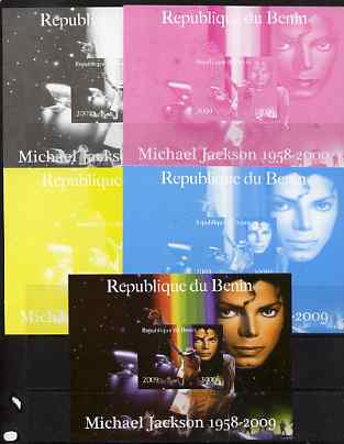 Benin 2009 Michael Jackson m/sheet - the set of 5 imperf progressive proofs comprising the 4 individual colours plus all 4-colour composite, unmounted mint