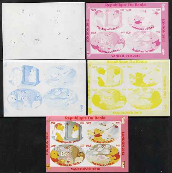 Benin 2009 Pooh Bear & Olympics #02 sheetlet containing 4 values, the set of 5 imperf progressive proofs comprising the 4 individual colours plus all 4-colour composite, unmounted mint