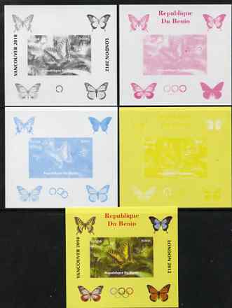 Benin 2009 Butterflies & Olympics #06 individual deluxe sheet the set of 5 imperf progressive proofs comprising the 4 individual colours plus all 4-colour composite, unmounted mint