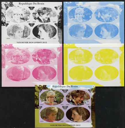 Benin 2009 Princess Diana & Olympics #03 sheetlet containing 4 values, the set of 5 imperf progressive proofs comprising the 4 individual colours plus all 4-colour composite, unmounted mint