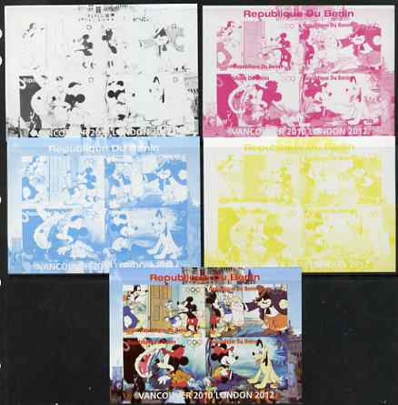 Benin 2009 Olympic Games - Disney Characters #01 sheetlet containing 4 values - the set of 5 imperf progressive proofs comprising the 4 individual colours plus all 4-colour composite, unmounted mint