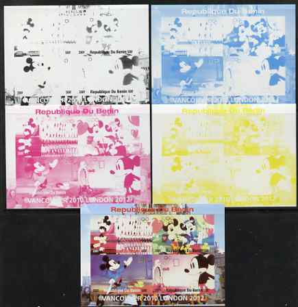 Benin 2009 Olympic Games - Disney Characters #02 sheetlet containing 4 values - the set of 5 imperf progressive proofs comprising the 4 individual colours plus all 4-colour composite, unmounted mint