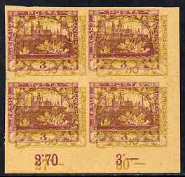 Czechoslovakia 1918 Hradcany 3h imperf proof block of 4 in purple doubly printed with 30h in olive, on ungummed buff paper, as SG 4 & 9