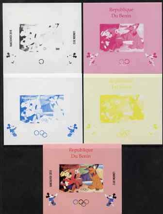 Benin 2009 Olympic Games - Disney Characters #11 individual deluxe sheet - the set of 5 imperf progressive proofs comprising the 4 individual colours plus all 4-colour composite, unmounted mint