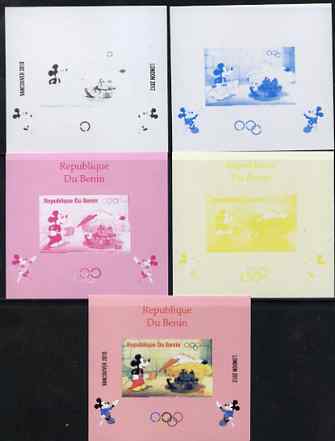Benin 2009 Olympic Games - Disney Characters #12 individual deluxe sheet - the set of 5 imperf progressive proofs comprising the 4 individual colours plus all 4-colour composite, unmounted mint