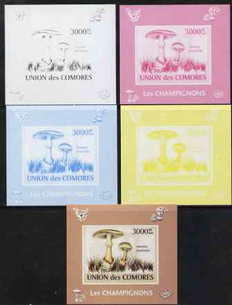 Comoro Islands 2009 Mushrooms s/sheet - the set of 5 imperf progressive proofs comprising the 4 individual colours plus all 4-colour composite, unmounted mint