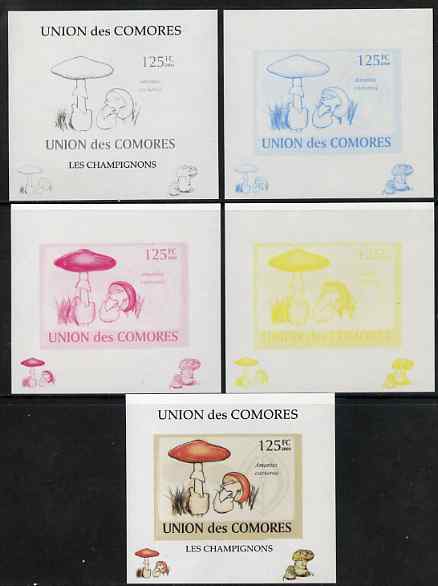 Comoro Islands 2009 Fungi #1 - 125 FC individual deluxe sheet - the set of 5 imperf progressive proofs comprising the 4 individual colours plus all 4-colour composite, unmounted mint