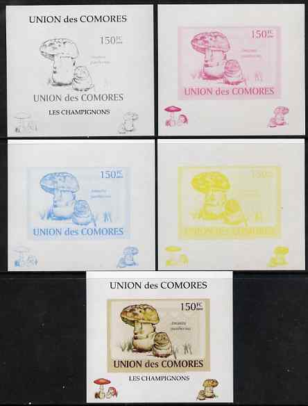Comoro Islands 2009 Fungi #2 - 150 FC individual deluxe sheet - the set of 5 imperf progressive proofs comprising the 4 individual colours plus all 4-colour composite, unmounted mint