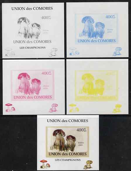 Comoro Islands 2009 Fungi #5 - 400 FC individual deluxe sheet - the set of 5 imperf progressive proofs comprising the 4 individual colours plus all 4-colour composite, unmounted mint