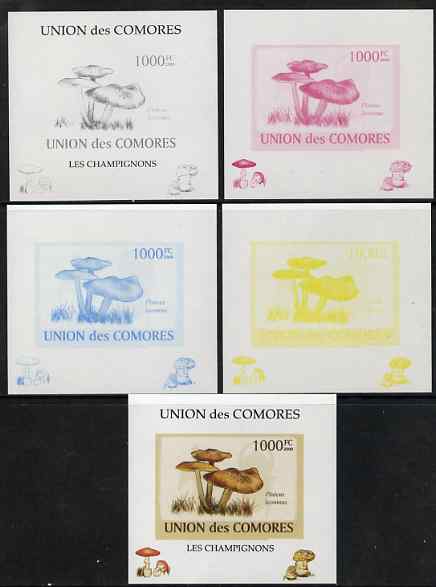 Comoro Islands 2009 Fungi #6 - 1000 FC individual deluxe sheet - the set of 5 imperf progressive proofs comprising the 4 individual colours plus all 4-colour composite, unmounted mint