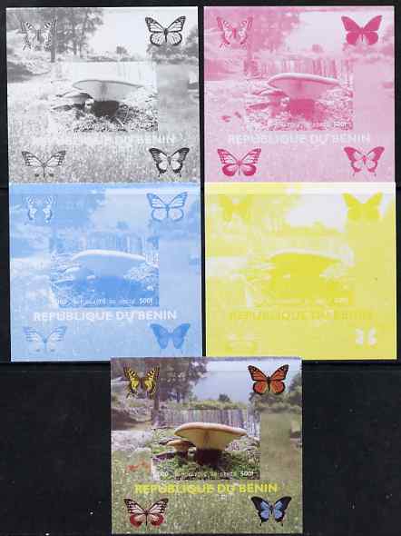 Benin 2009 Mushrooms and Butterflies #3 individual deluxe sheet - the set of 5 imperf progressive proofs comprising the 4 individual colours plus all 4-colour composite, unmounted mint