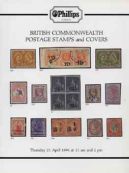 Auction Catalogue - British Commonwealth - Phillips 21 Apr 1994 - incl West Indies & Canada - with prices realised (some ink notations)