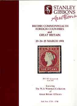 Auction Catalogue - GB Great Britain - Stanley Gibbons 23-25 Mar 1994 - incl the Wiseman coll of Officials (plus Commonwealth & Foreign) - catalogue only