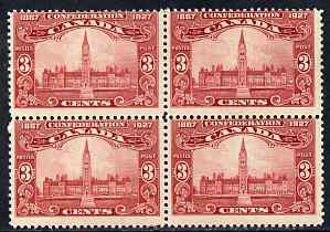 Canada 1927 60th Anniversary 3c carmine (Parliament Building) block of 4 unmounted mint, SG 268