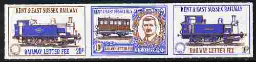 Cinderella - GB Great Britain Kent & East Sussex Railway Letter Stamps 20p-10p-10p se-tenant rouletted strip of 3 unmounted mint