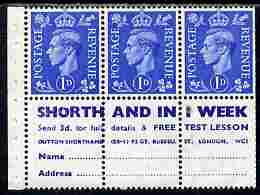 GB Great Britain 1950-52 KG6 1d light ultramarine booklet pane of 6 (3 stamps plus Shorthand in one week) with upright watermark unmounted mint average perfs SG spec QB20
